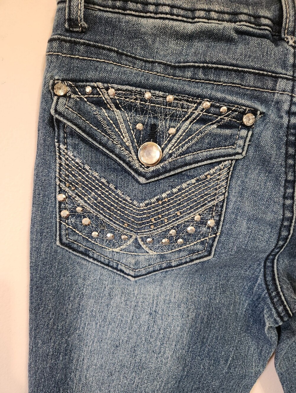 Vintage Y2K Mudd Bling Rhinestone Flap Pocket Denim Capri Crop Jeans Size 12 - Picture 5 of 10